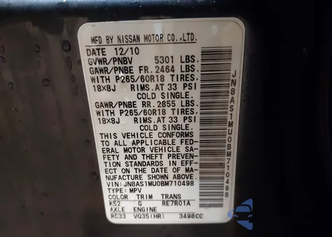 2011 Infiniti Fx35 from USA, damaged, VIN JN8AS1MU0BM710498